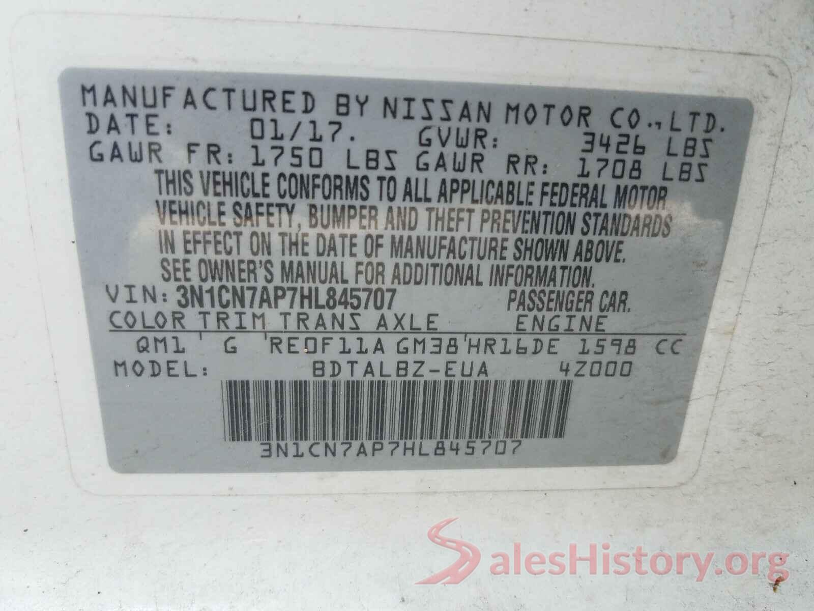 3N1CN7AP7HL845707 2017 NISSAN VERSA