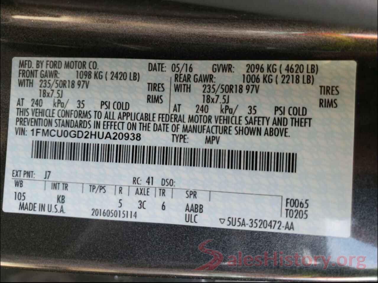 1FMCU0GD2HUA20938 2017 FORD ESCAPE