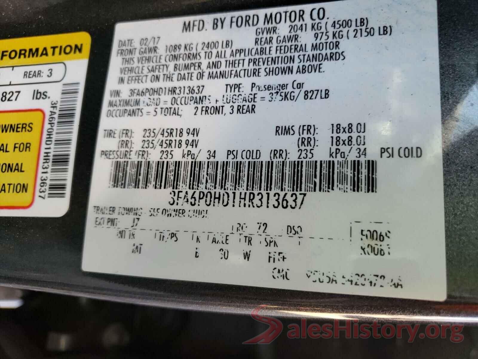 3FA6P0HD1HR313637 2017 FORD FUSION