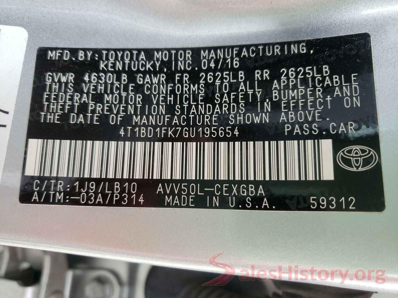 4T1BD1FK7GU195654 2016 TOYOTA CAMRY