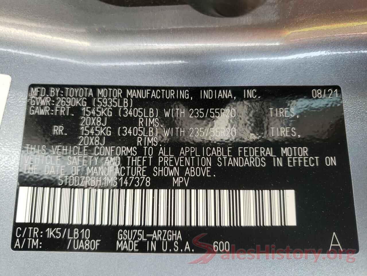 5TDDZRBH1MS147378 2021 TOYOTA HIGHLANDER