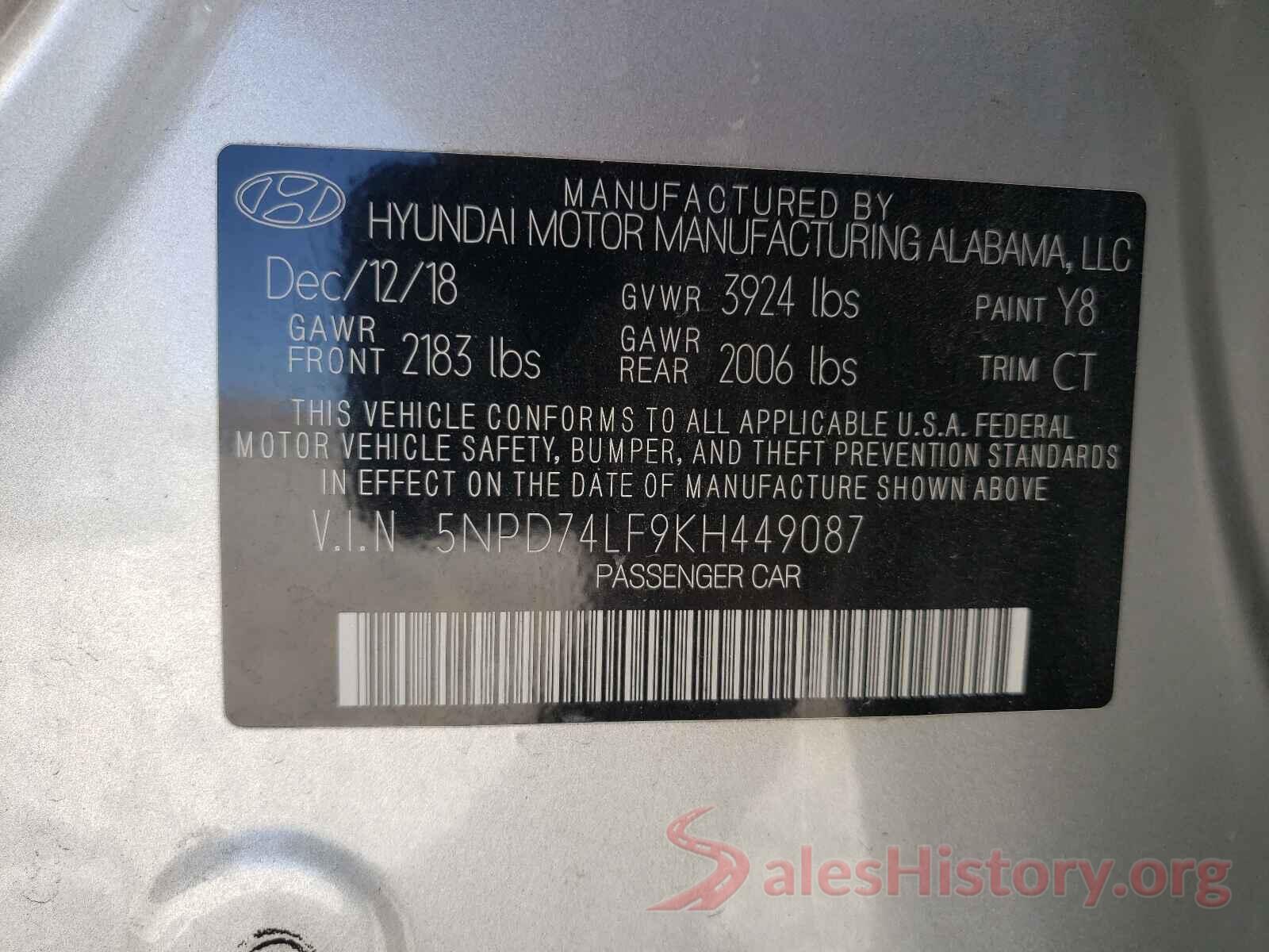 5NPD74LF9KH449087 2019 HYUNDAI ELANTRA