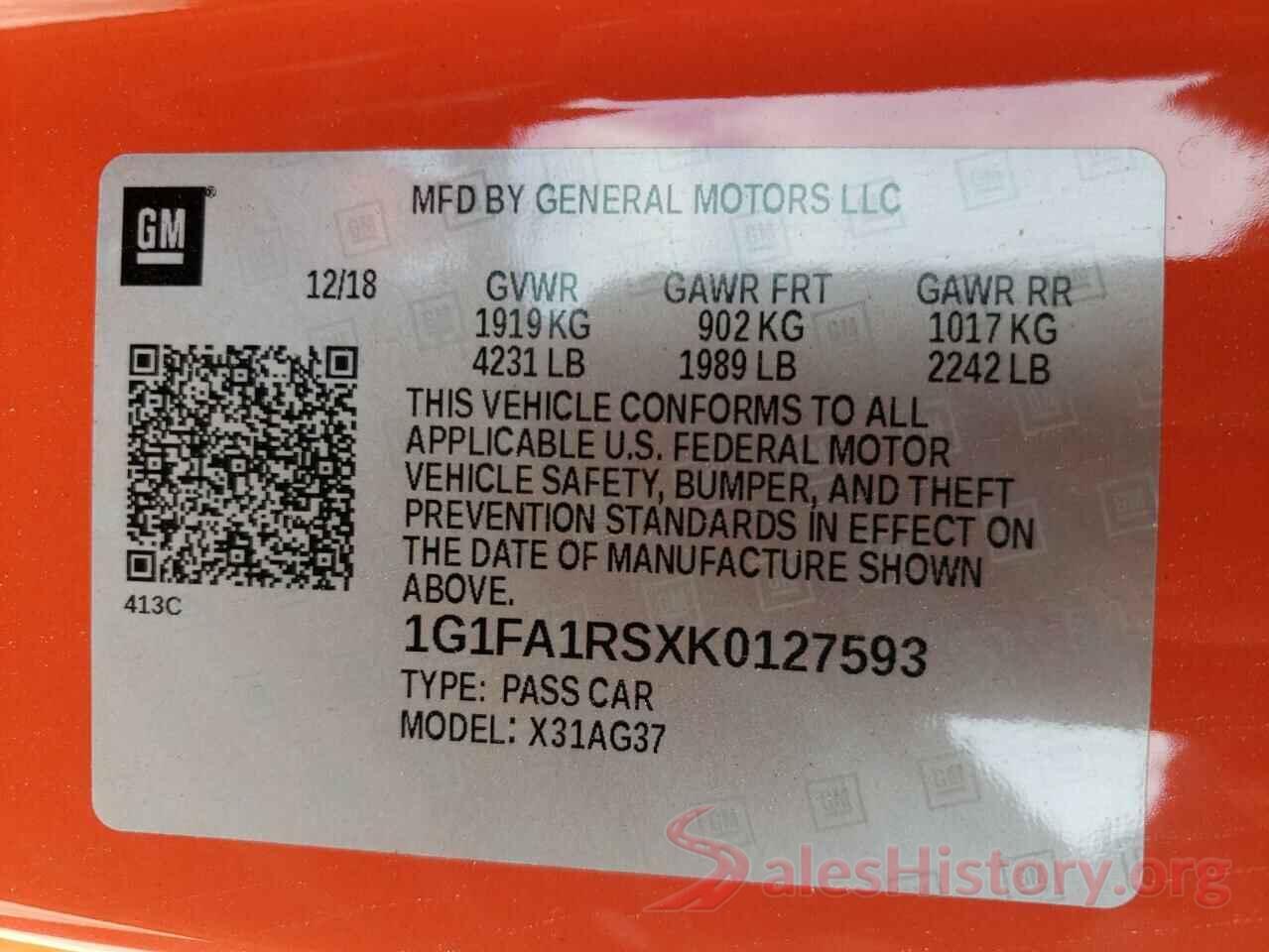 1G1FA1RSXK0127593 2019 CHEVROLET CAMARO