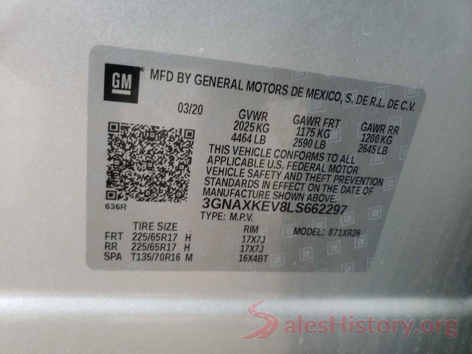 3GNAXKEV8LS662297 2020 CHEVROLET EQUINOX