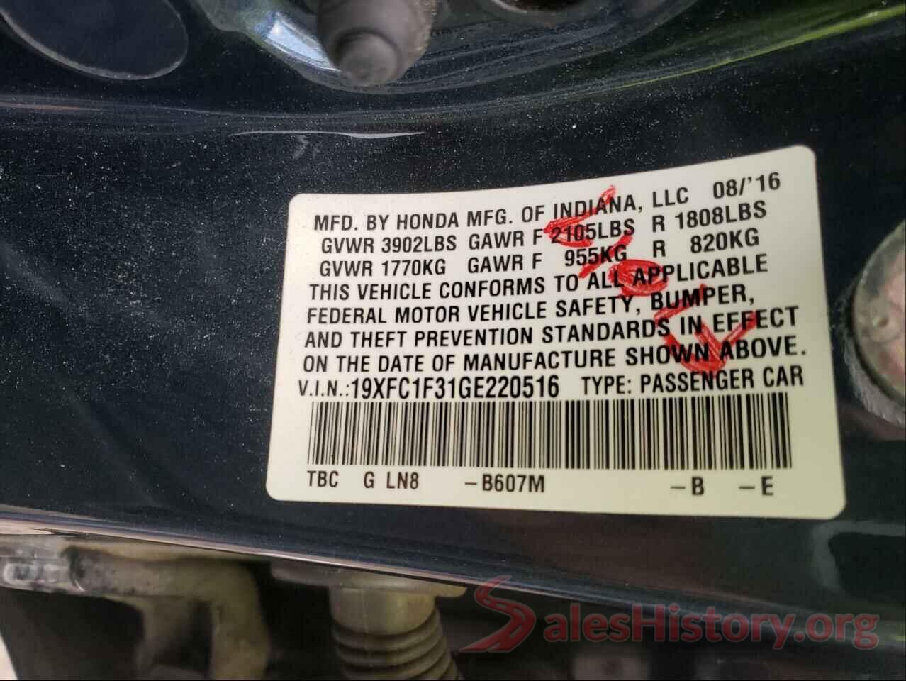 19XFC1F31GE220516 2016 HONDA CIVIC