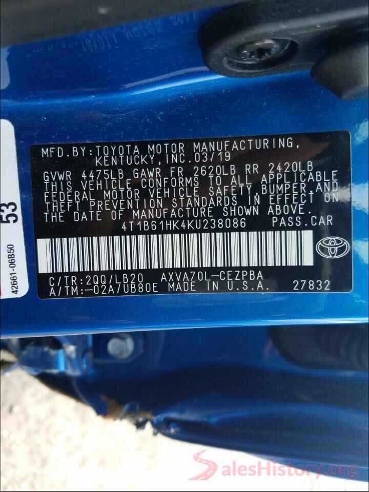 4T1B61HK4KU238086 2019 TOYOTA CAMRY