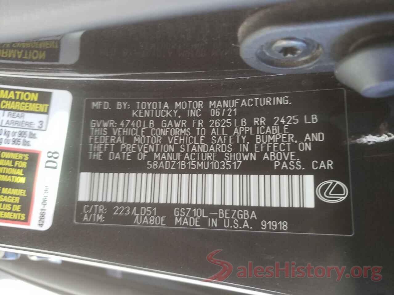 58ADZ1B15MU103517 2021 LEXUS ES350