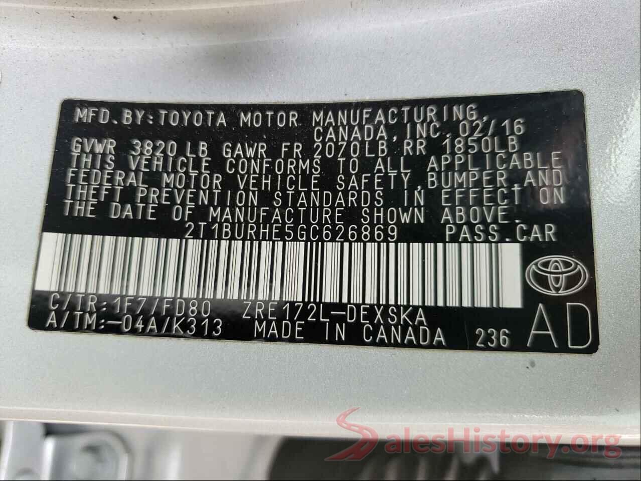 2T1BURHE5GC626869 2016 TOYOTA COROLLA