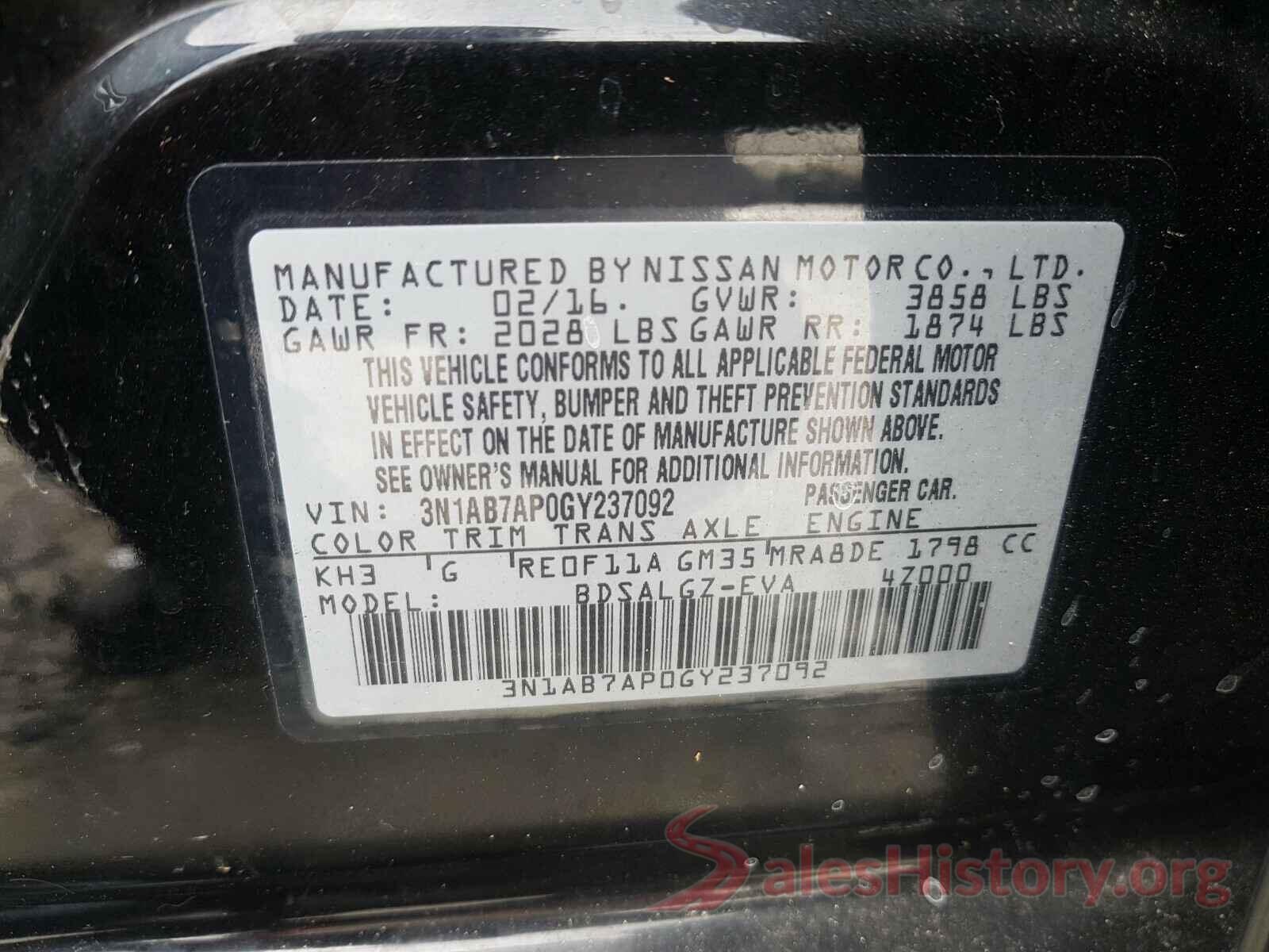 3N1AB7AP0GY237092 2016 NISSAN SENTRA