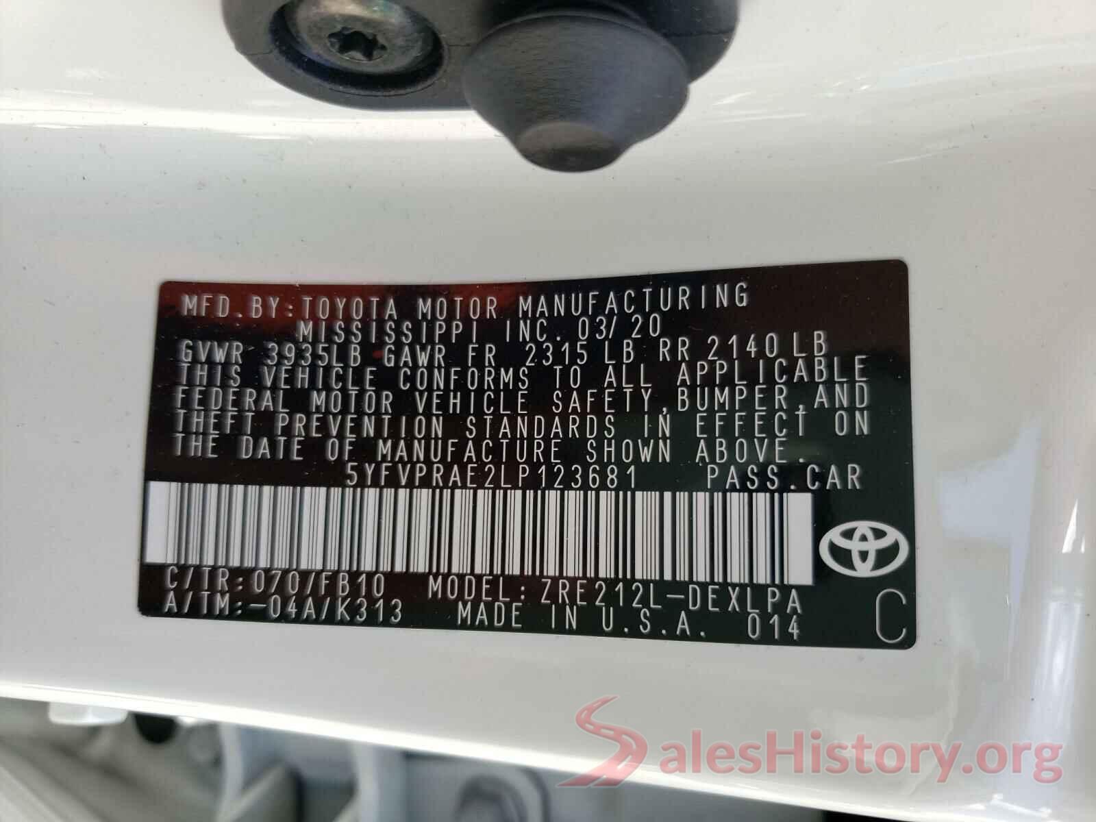 5YFVPRAE2LP123681 2020 TOYOTA COROLLA