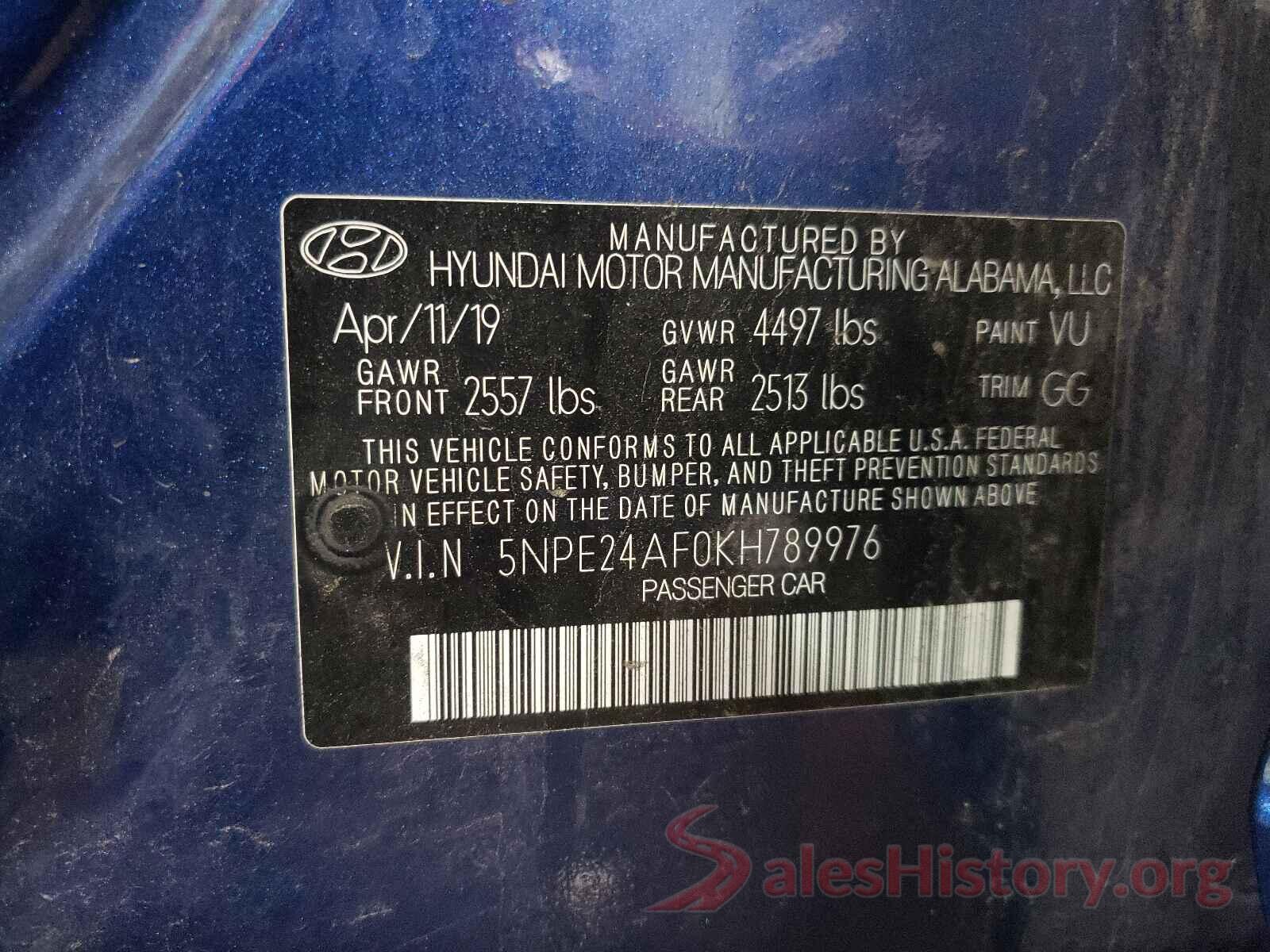 5NPE24AF0KH789976 2019 HYUNDAI SONATA