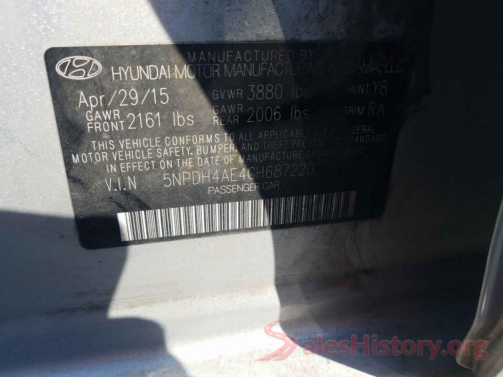 5NPDH4AE4GH687220 2016 HYUNDAI ELANTRA