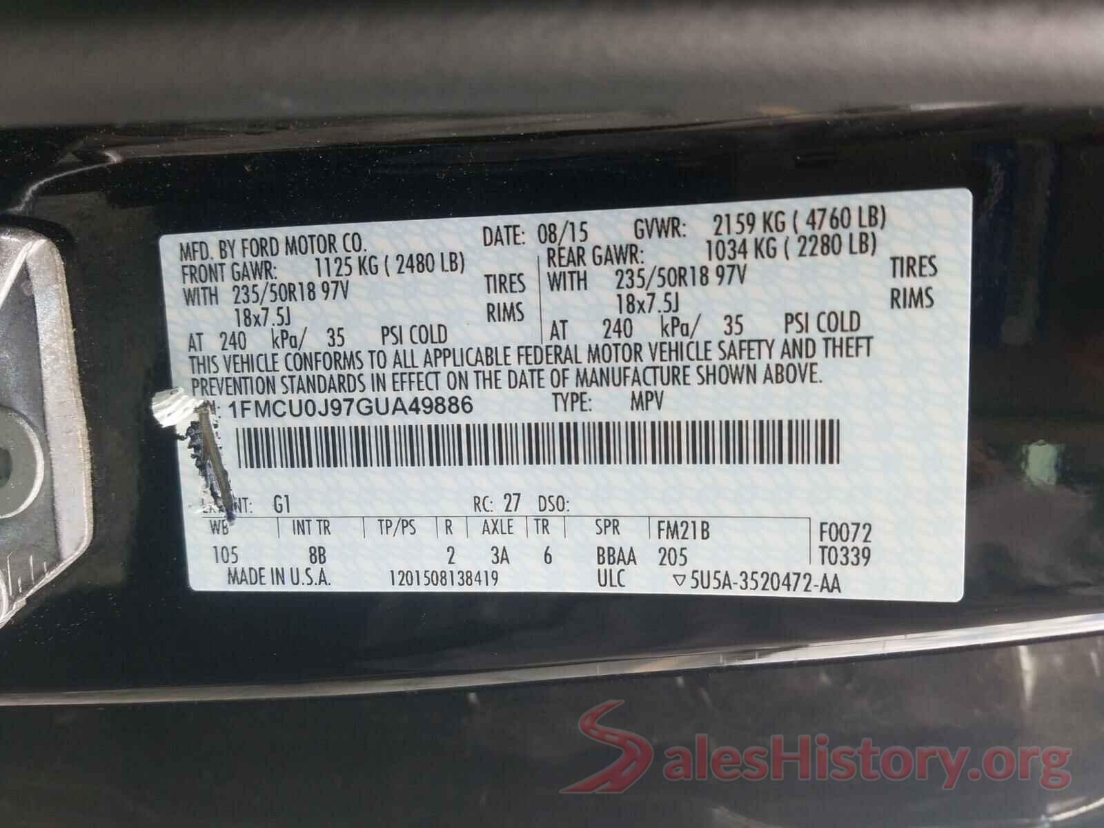 1FMCU0J97GUA49886 2016 FORD ESCAPE