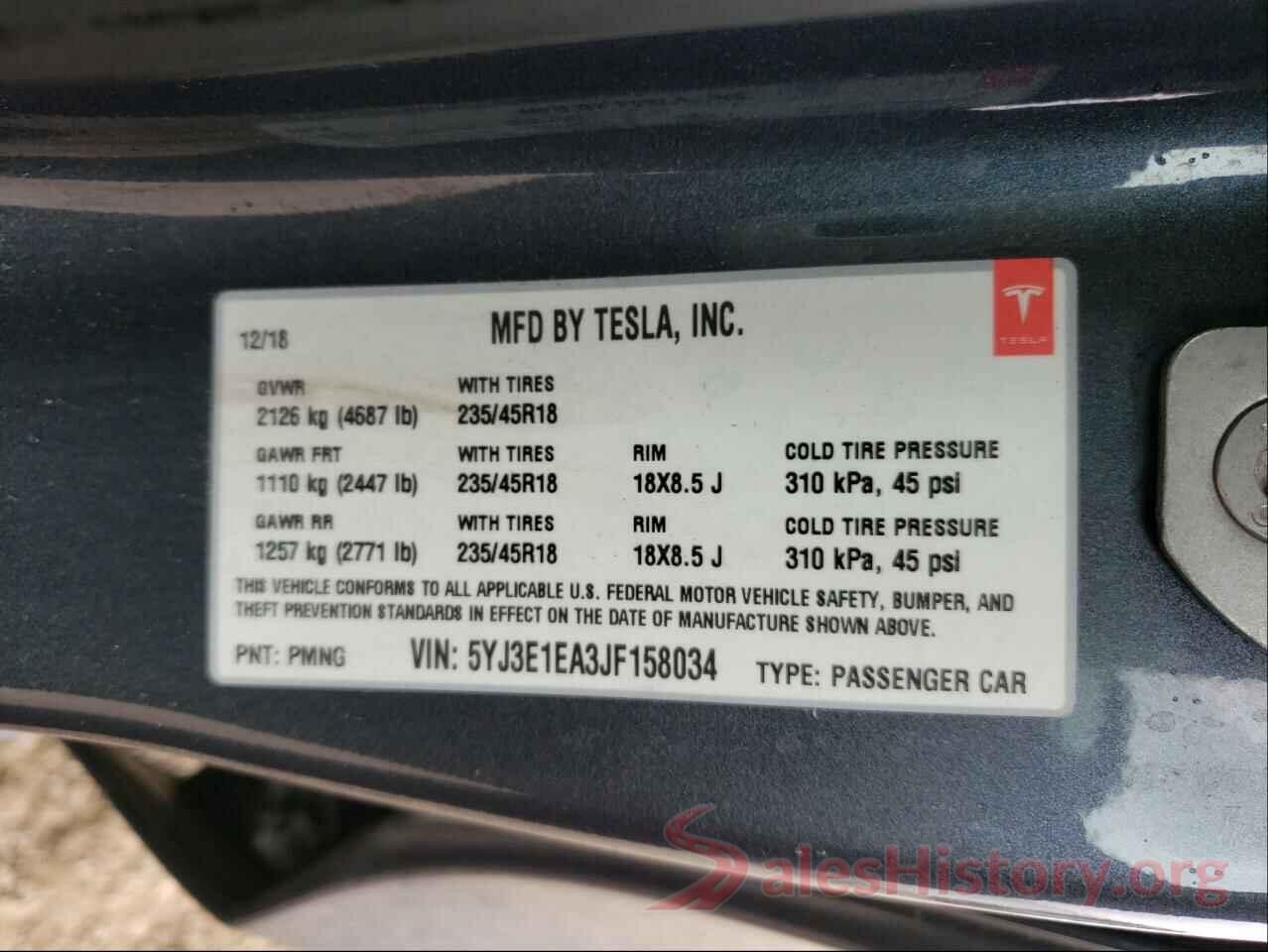 5YJ3E1EA3JF158034 2018 TESLA MODEL 3