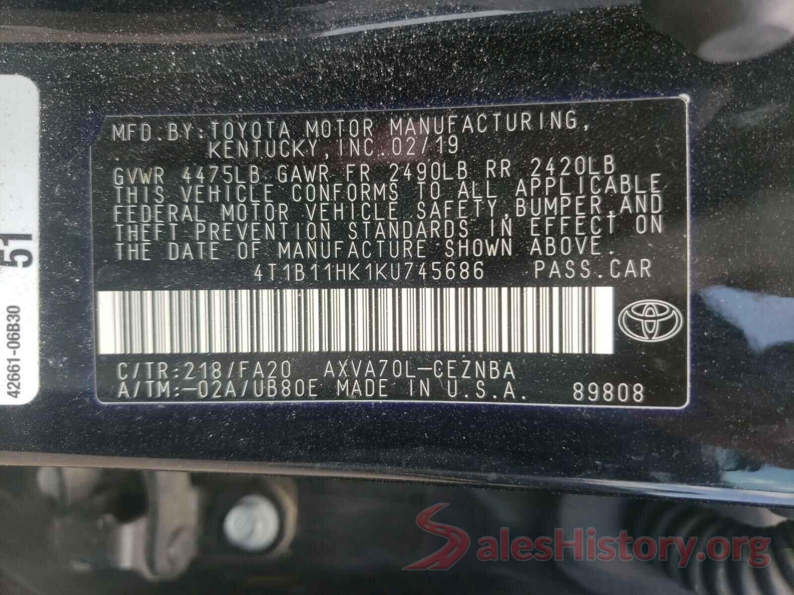 4T1B11HK1KU745686 2019 TOYOTA CAMRY