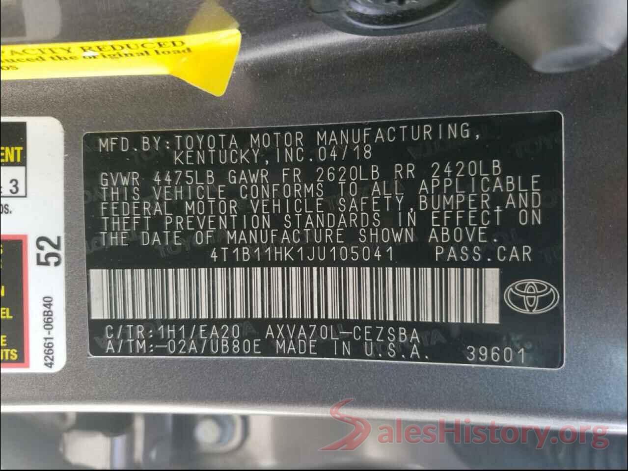 4T1B11HK1JU105041 2018 TOYOTA CAMRY