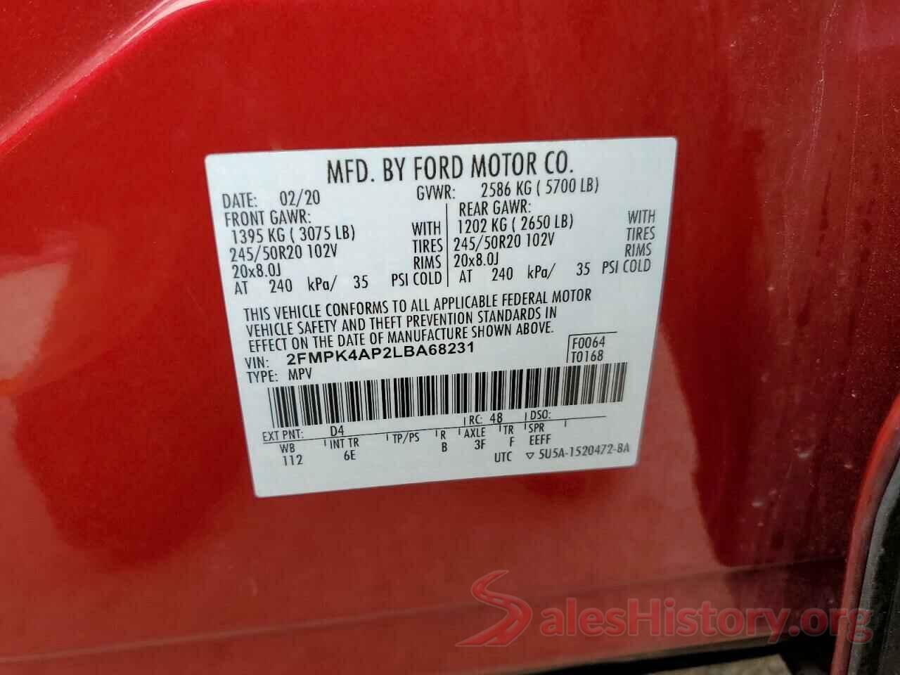 2FMPK4AP2LBA68231 2020 FORD EDGE