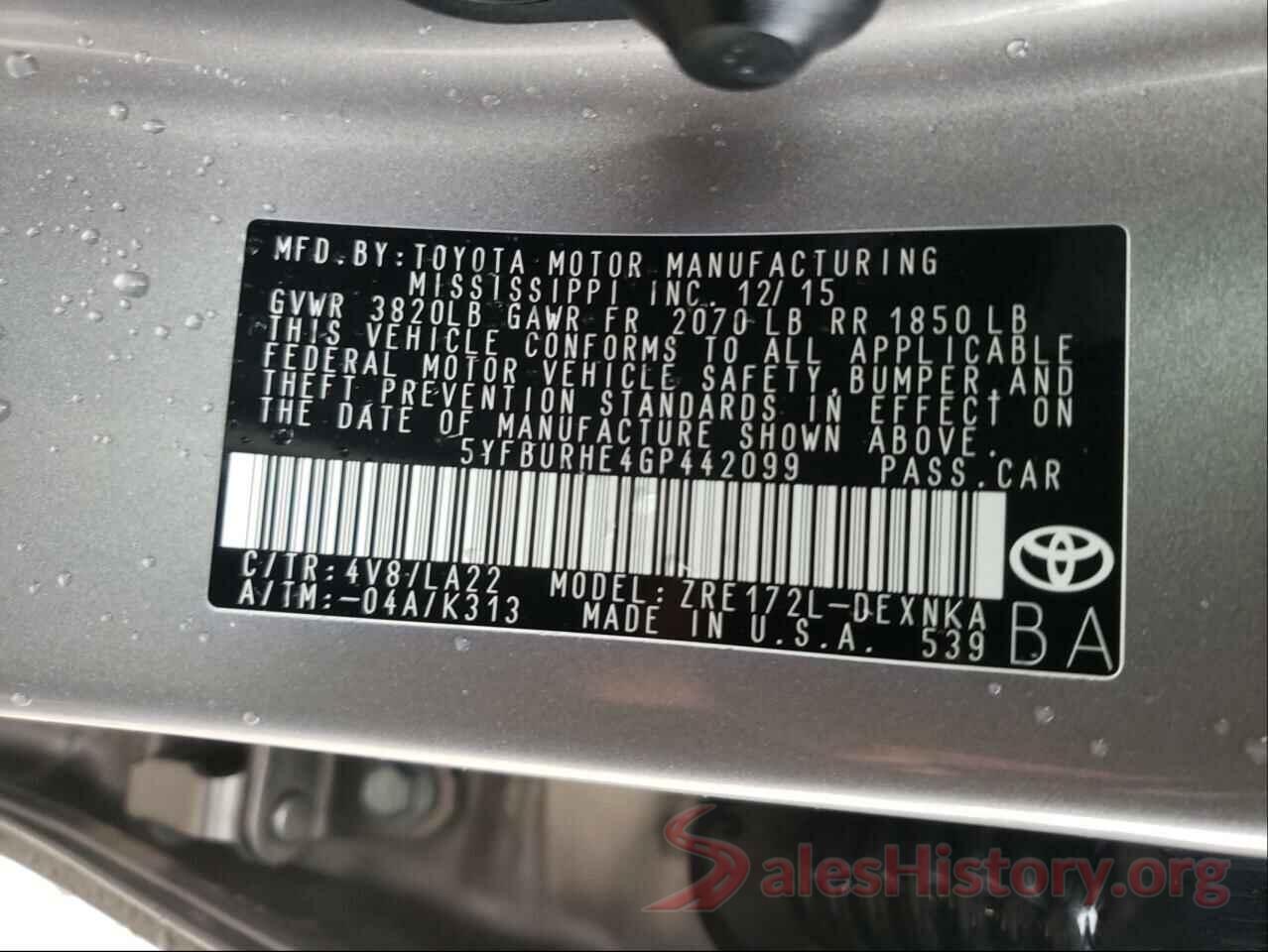 5YFBURHE4GP442099 2016 TOYOTA COROLLA