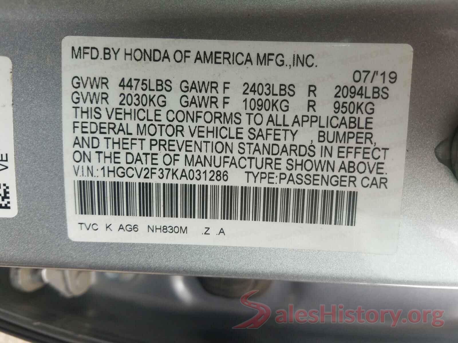 1HGCV2F37KA031286 2019 HONDA ACCORD