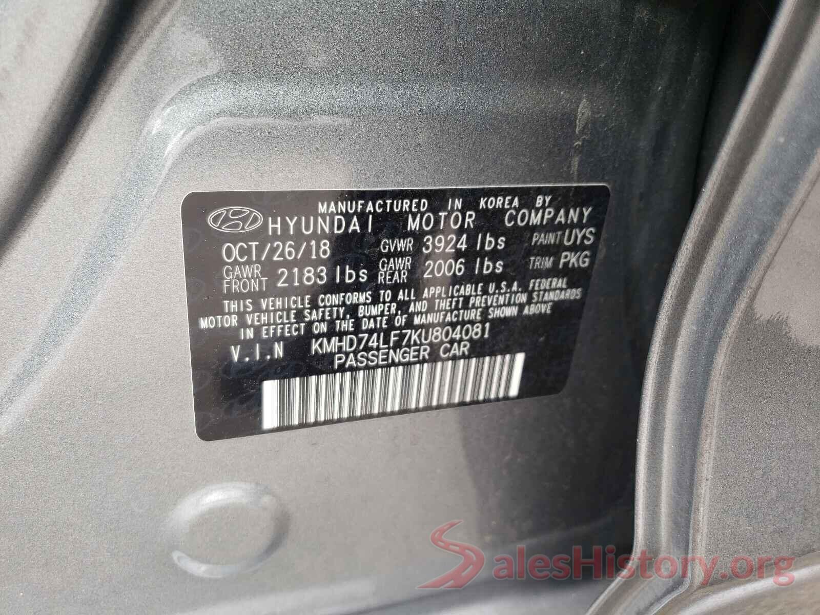 KMHD74LF7KU804081 2019 HYUNDAI ELANTRA