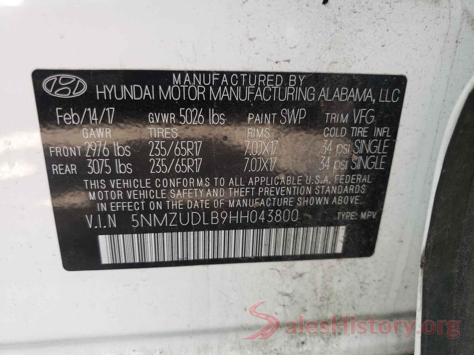 5NMZUDLB9HH043800 2017 HYUNDAI SANTA FE