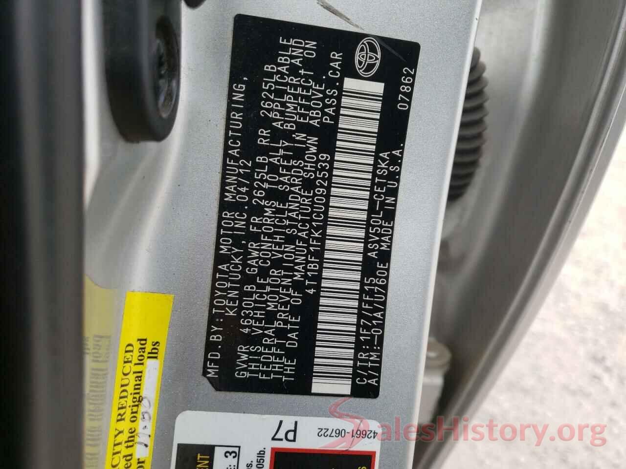 4T1BF1FK1CU092539 2012 TOYOTA CAMRY