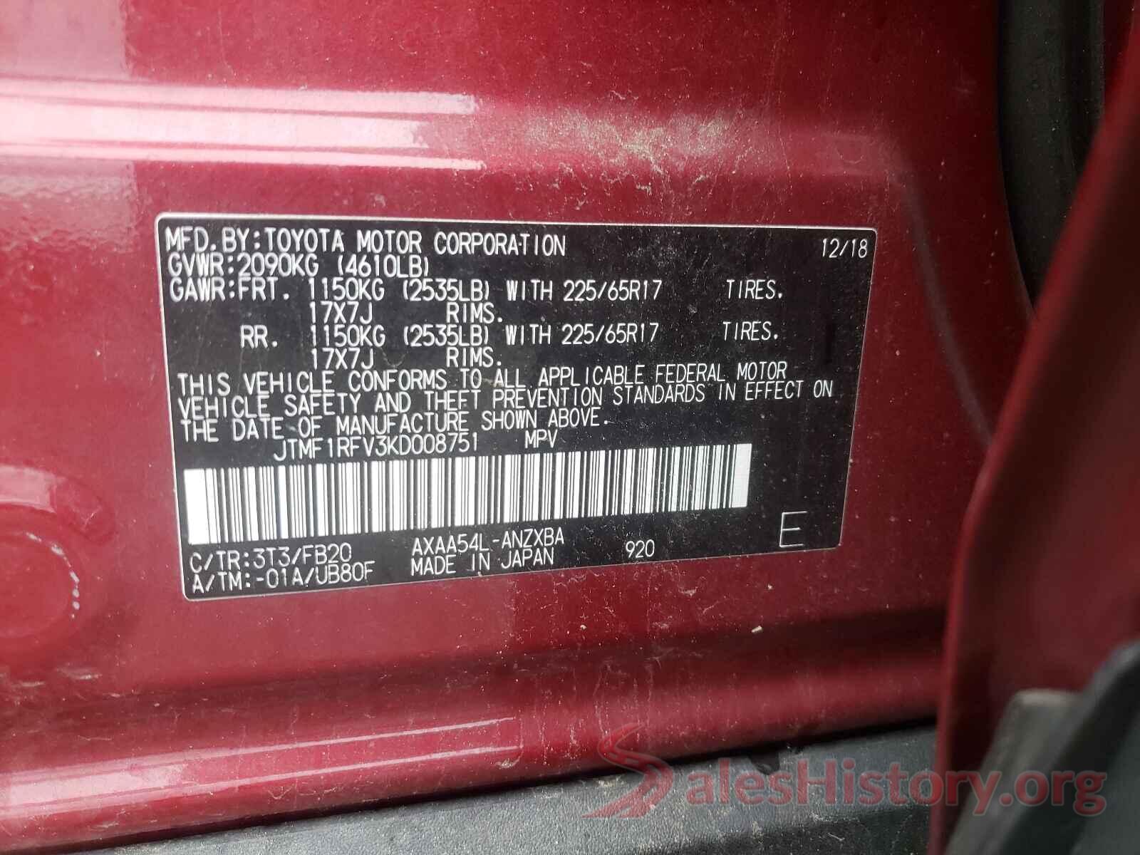 JTMF1RFV3KD008751 2019 TOYOTA RAV4