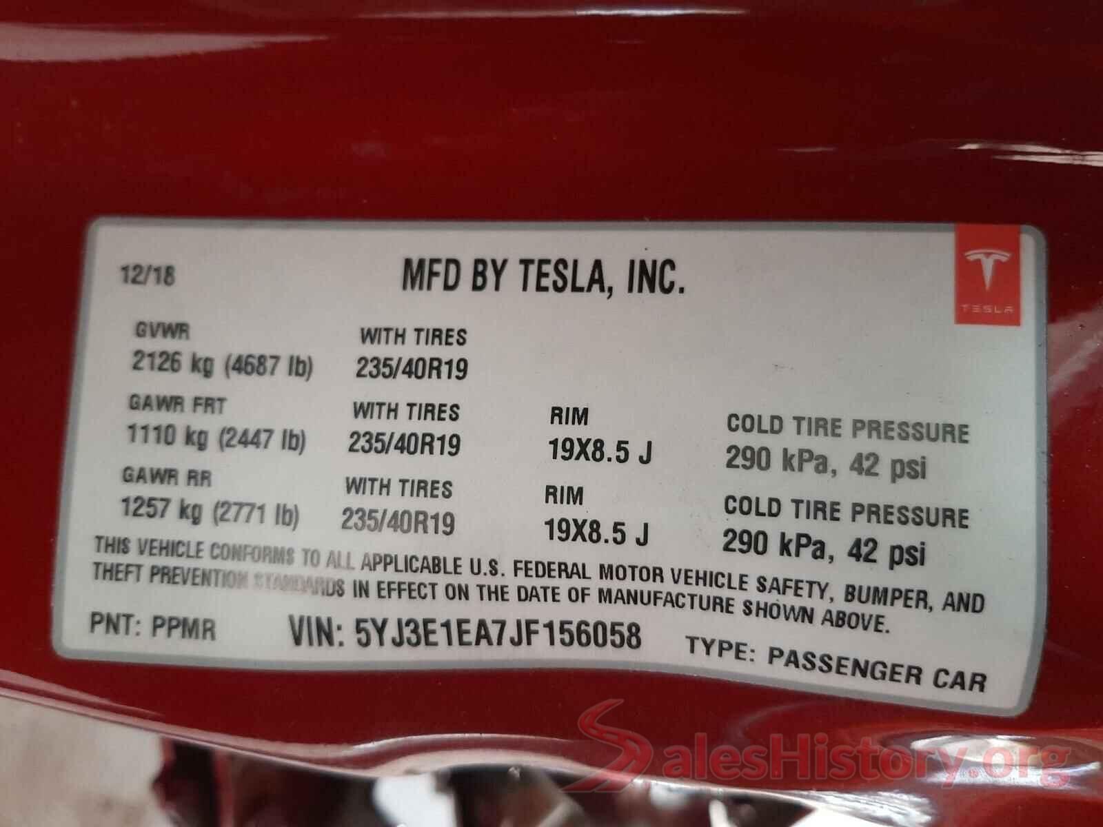 5YJ3E1EA7JF156058 2018 TESLA MODEL 3