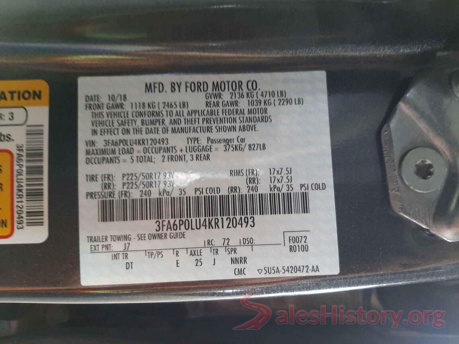 3FA6P0LU4KR120493 2019 FORD FUSION