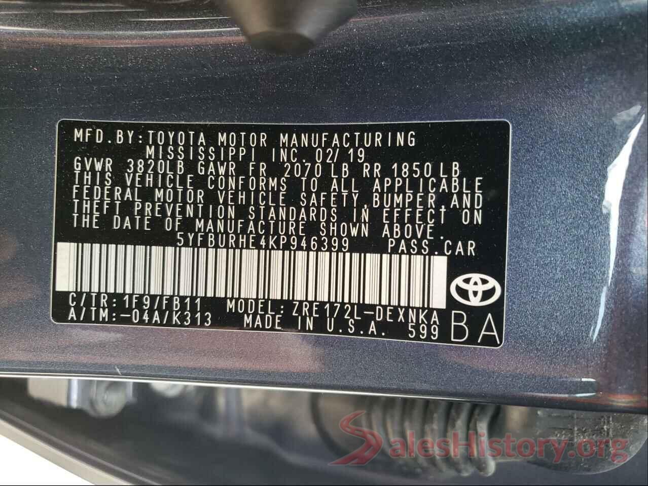 5YFBURHE4KP946399 2019 TOYOTA COROLLA