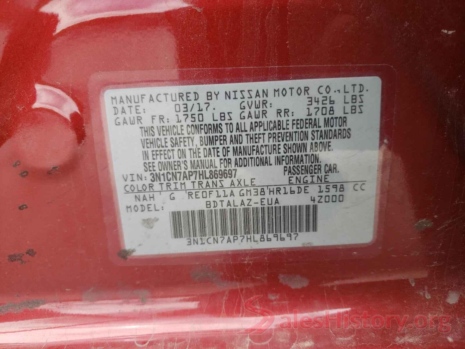 3N1CN7AP7HL869697 2017 NISSAN VERSA