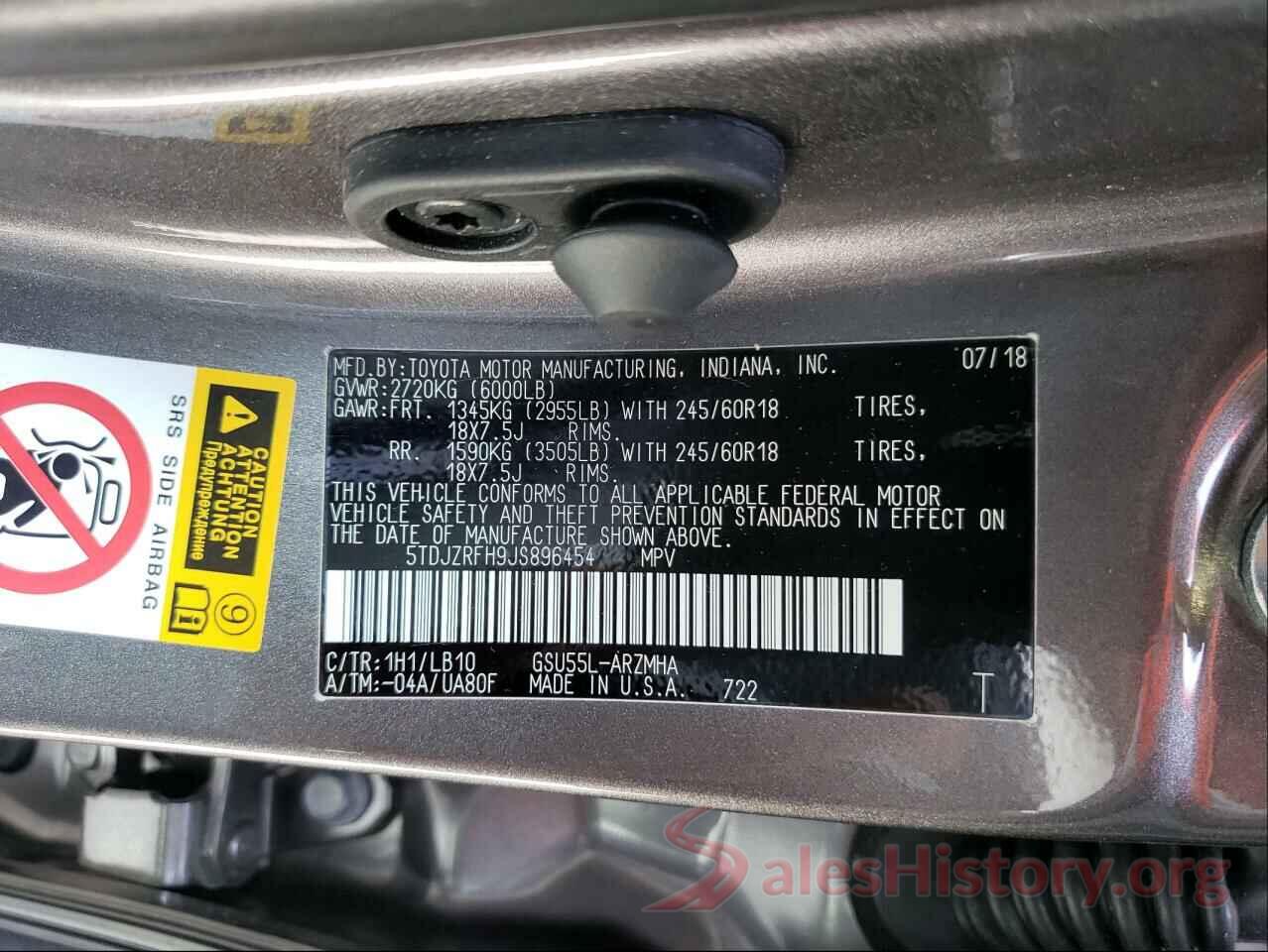 5TDJZRFH9JS896454 2018 TOYOTA HIGHLANDER