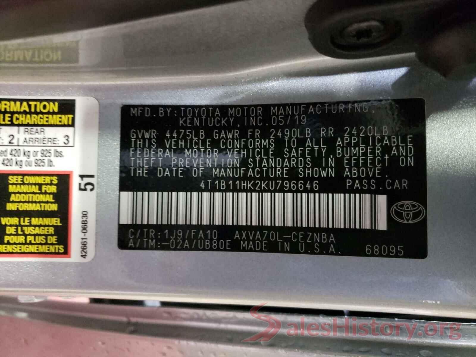 4T1B11HK2KU796646 2019 TOYOTA CAMRY