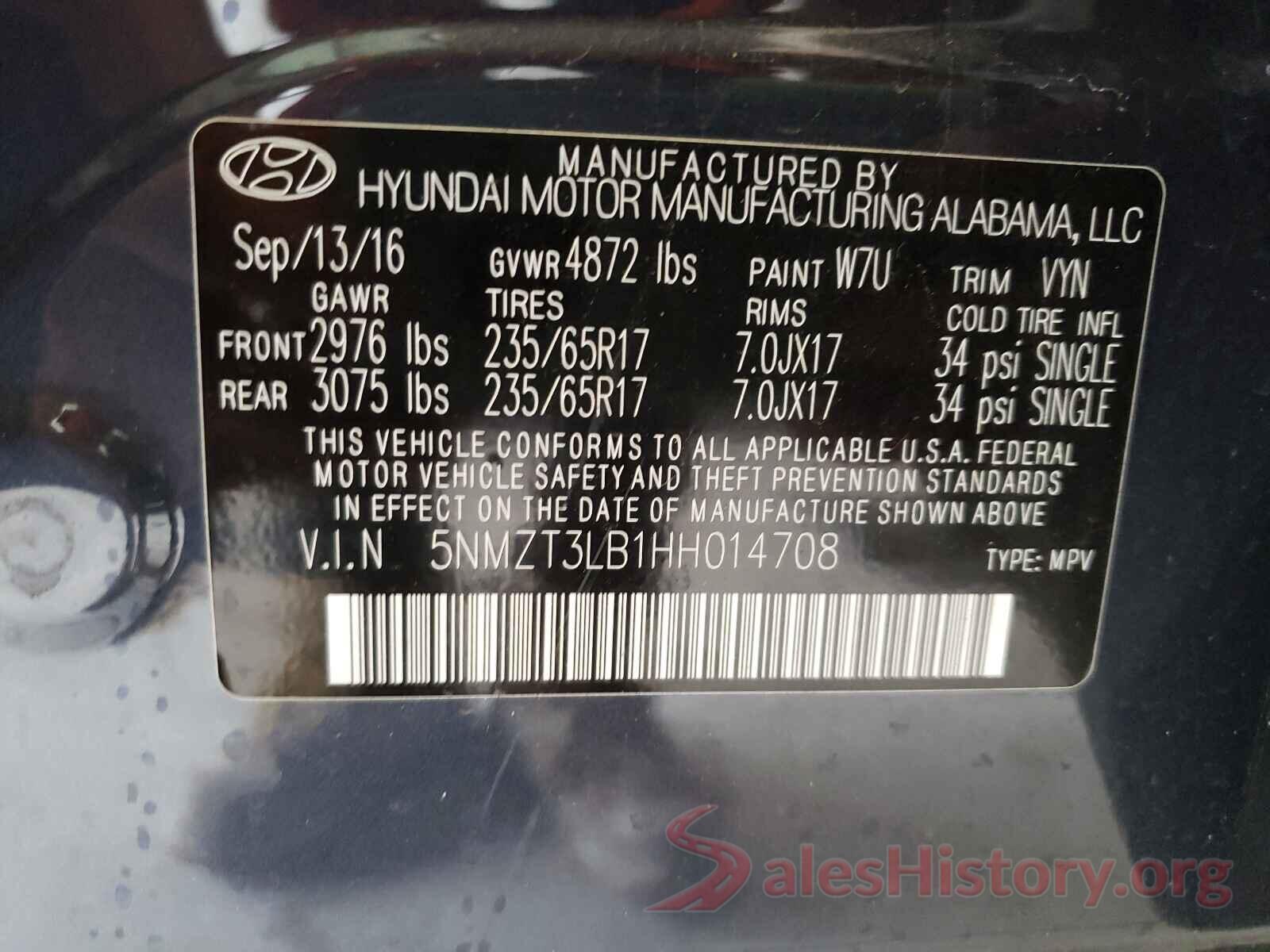 5NMZT3LB1HH014708 2017 HYUNDAI SANTA FE