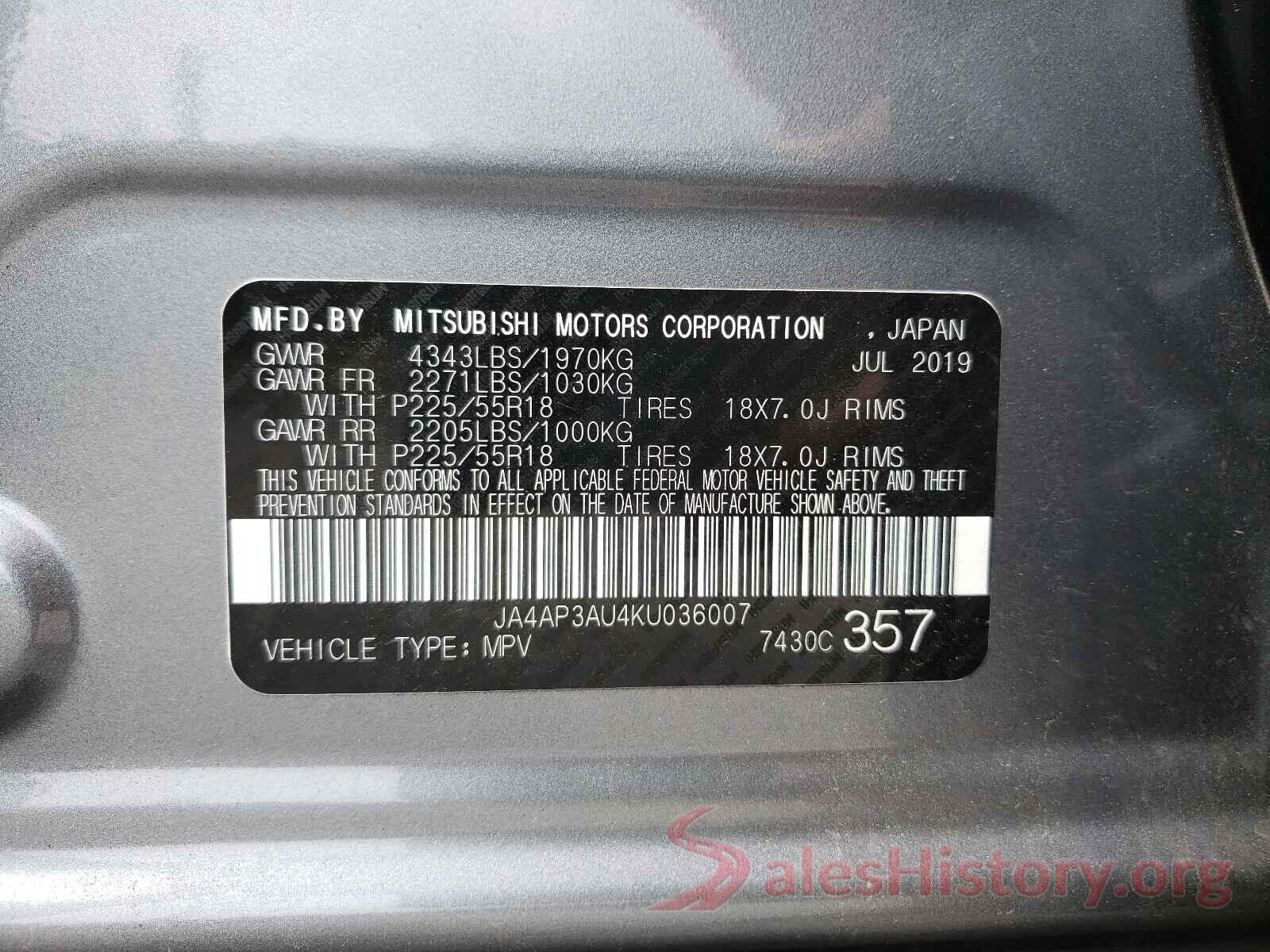 JA4AP3AU4KU036007 2019 MITSUBISHI OUTLANDER