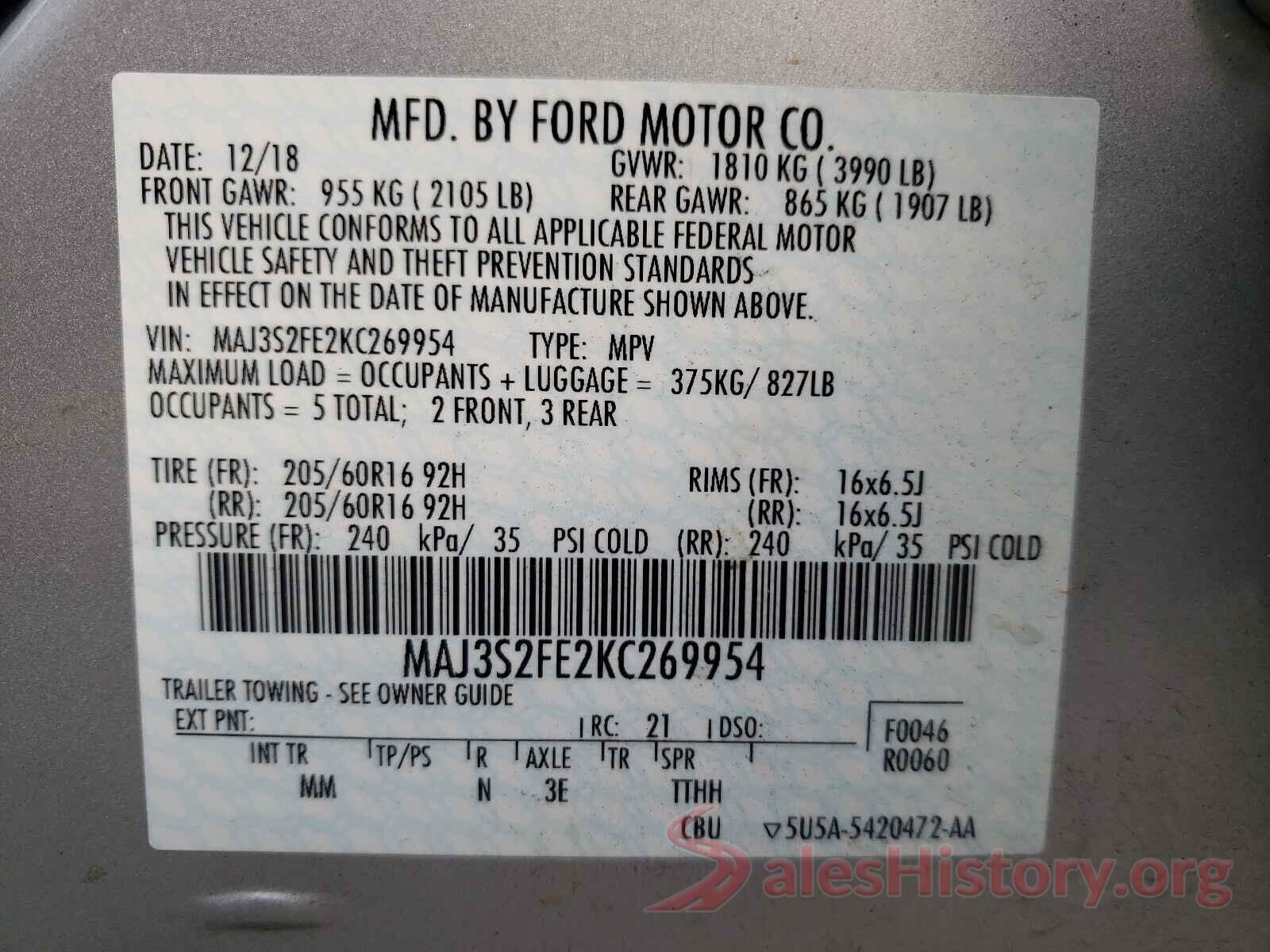 MAJ3S2FE2KC269954 2019 FORD ALL OTHER