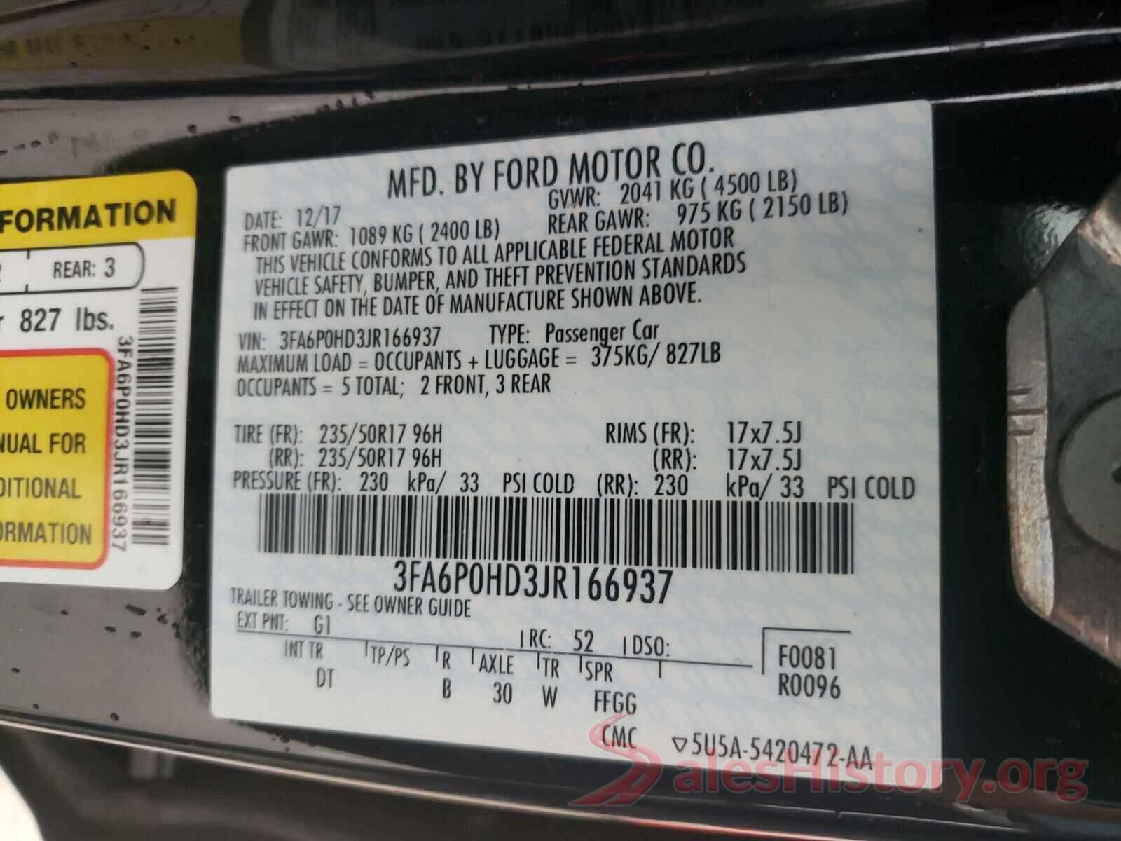 3FA6P0HD3JR166937 2018 FORD FUSION