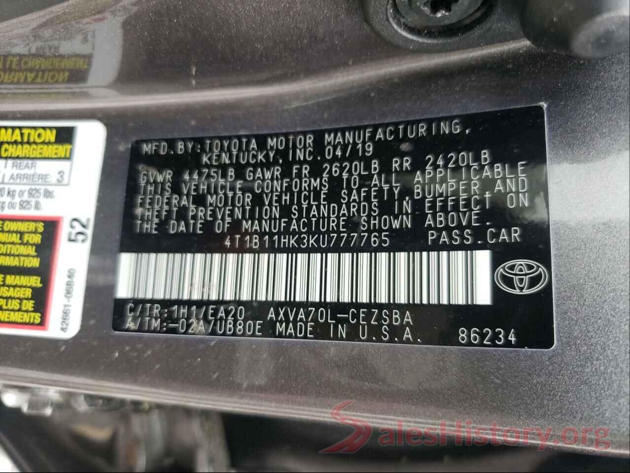 4T1B11HK3KU777765 2019 TOYOTA CAMRY