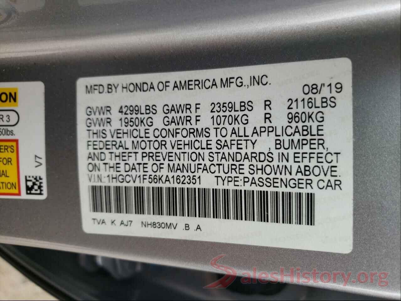 1HGCV1F56KA162351 2019 HONDA ACCORD