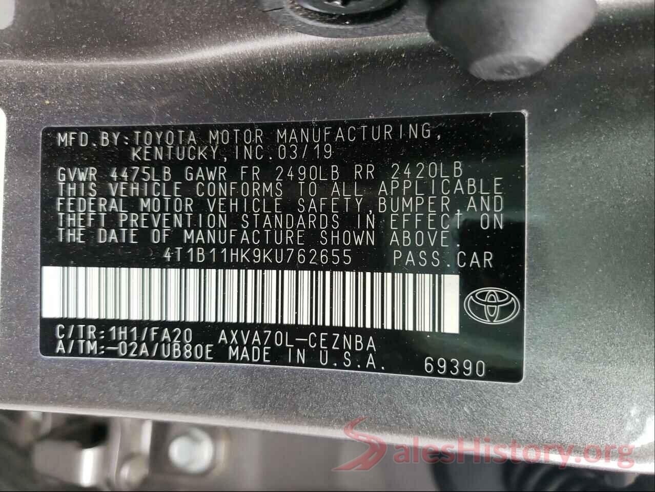 4T1B11HK9KU762655 2019 TOYOTA CAMRY