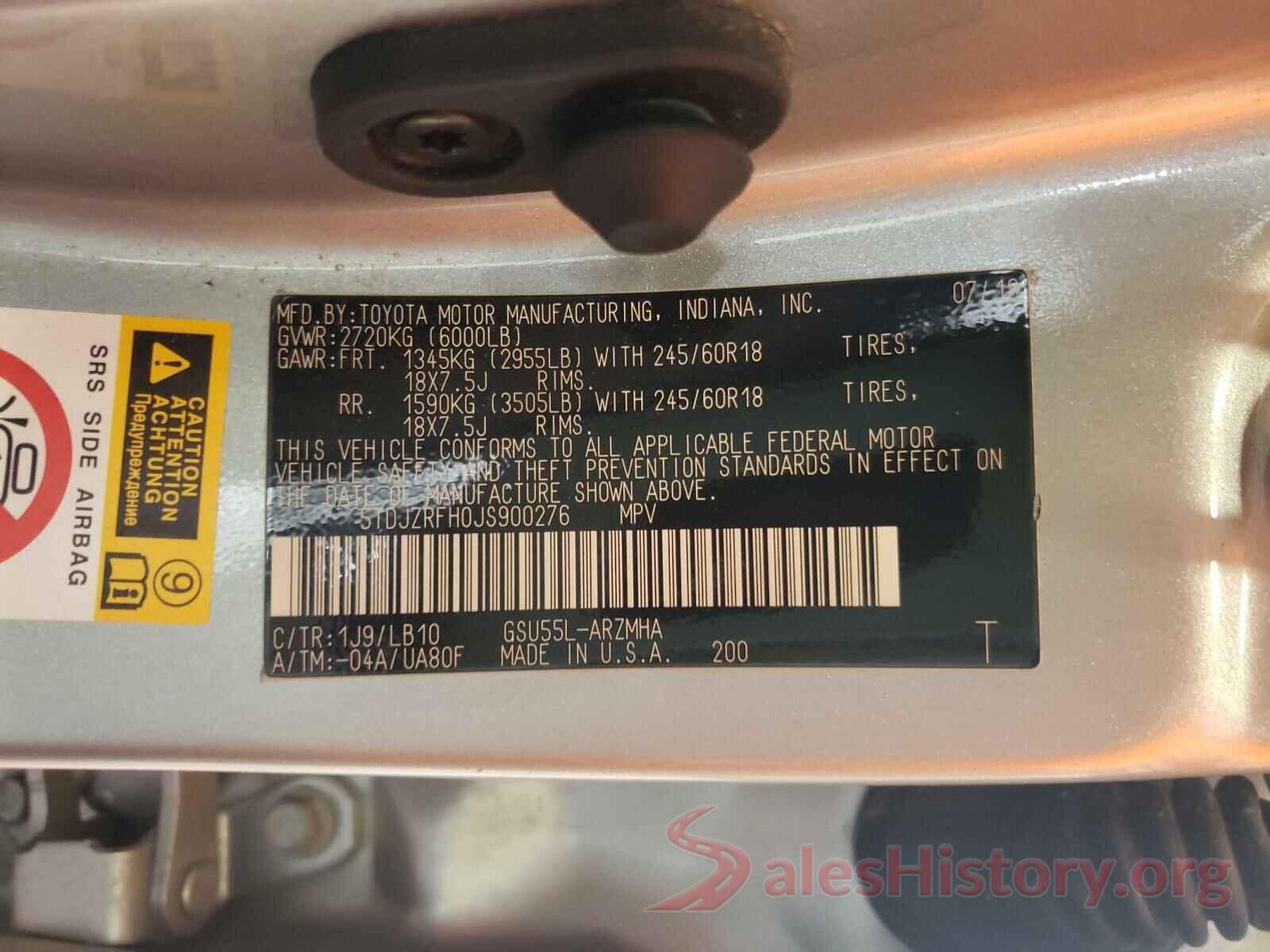 5TDJZRFH0JS900276 2018 TOYOTA HIGHLANDER