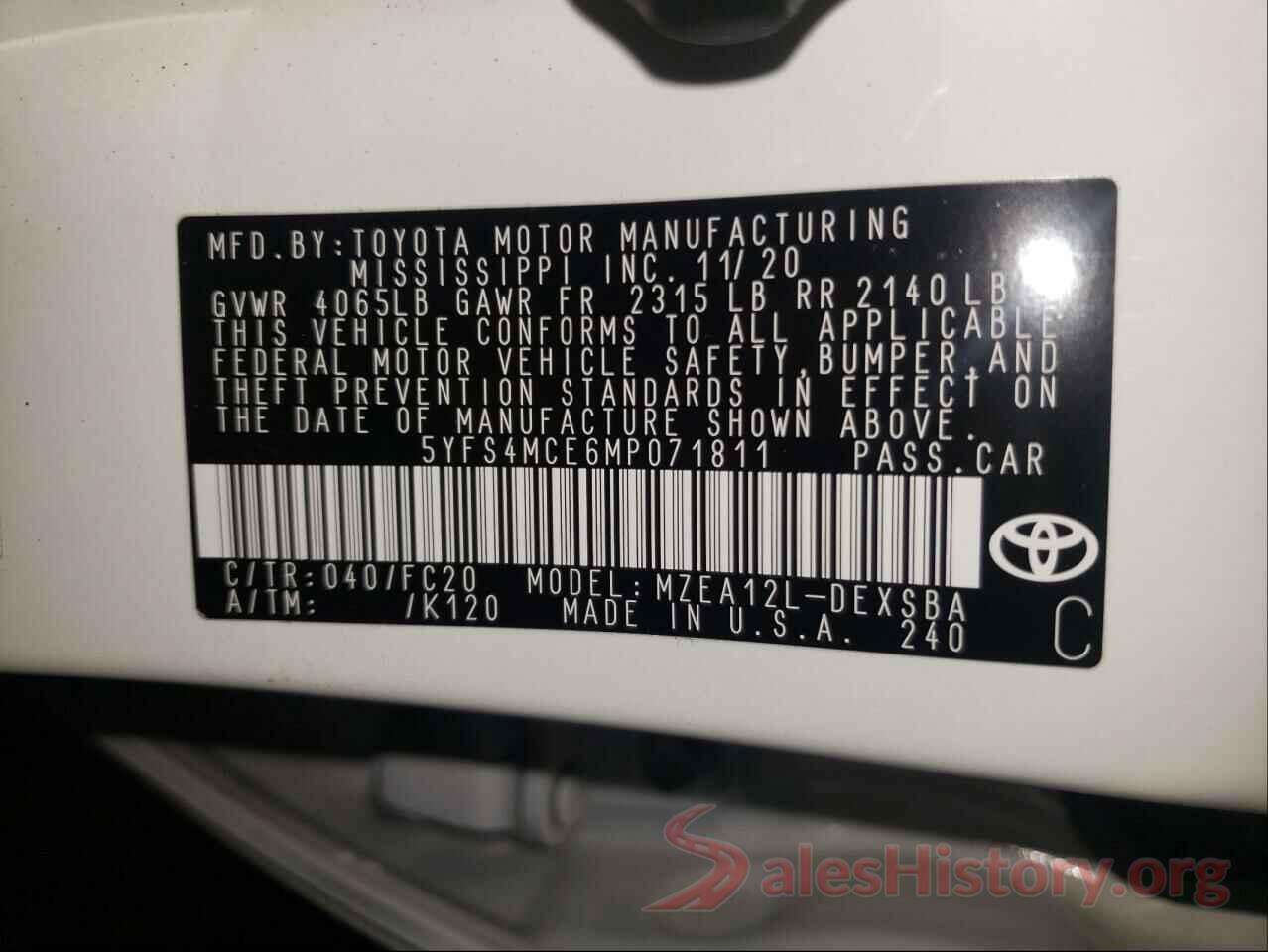 5YFS4MCE6MP071811 2021 TOYOTA COROLLA