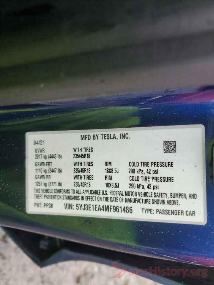 5YJ3E1EA4MF961486 2021 TESLA MODEL 3