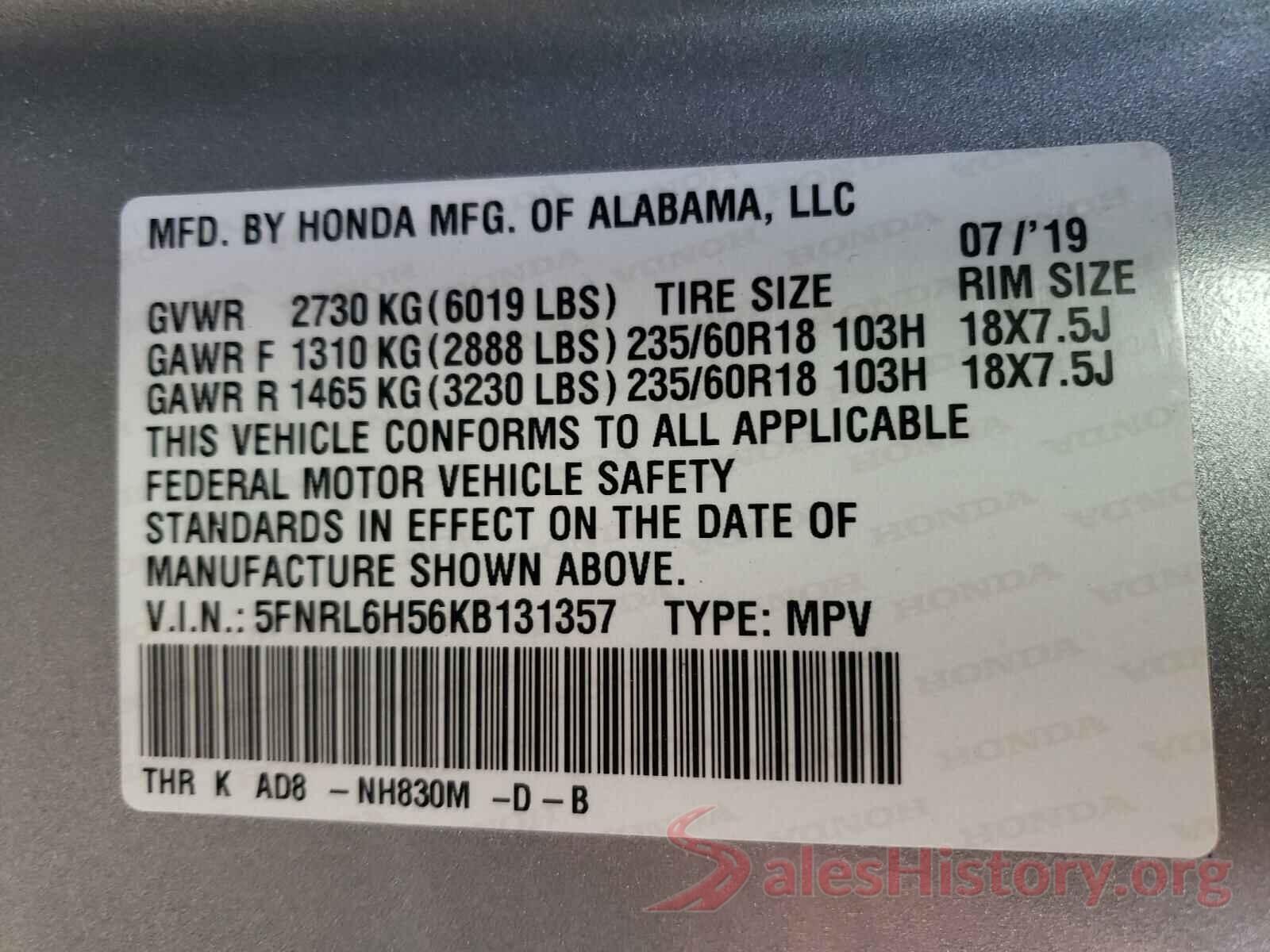 5FNRL6H56KB131357 2019 HONDA ODYSSEY