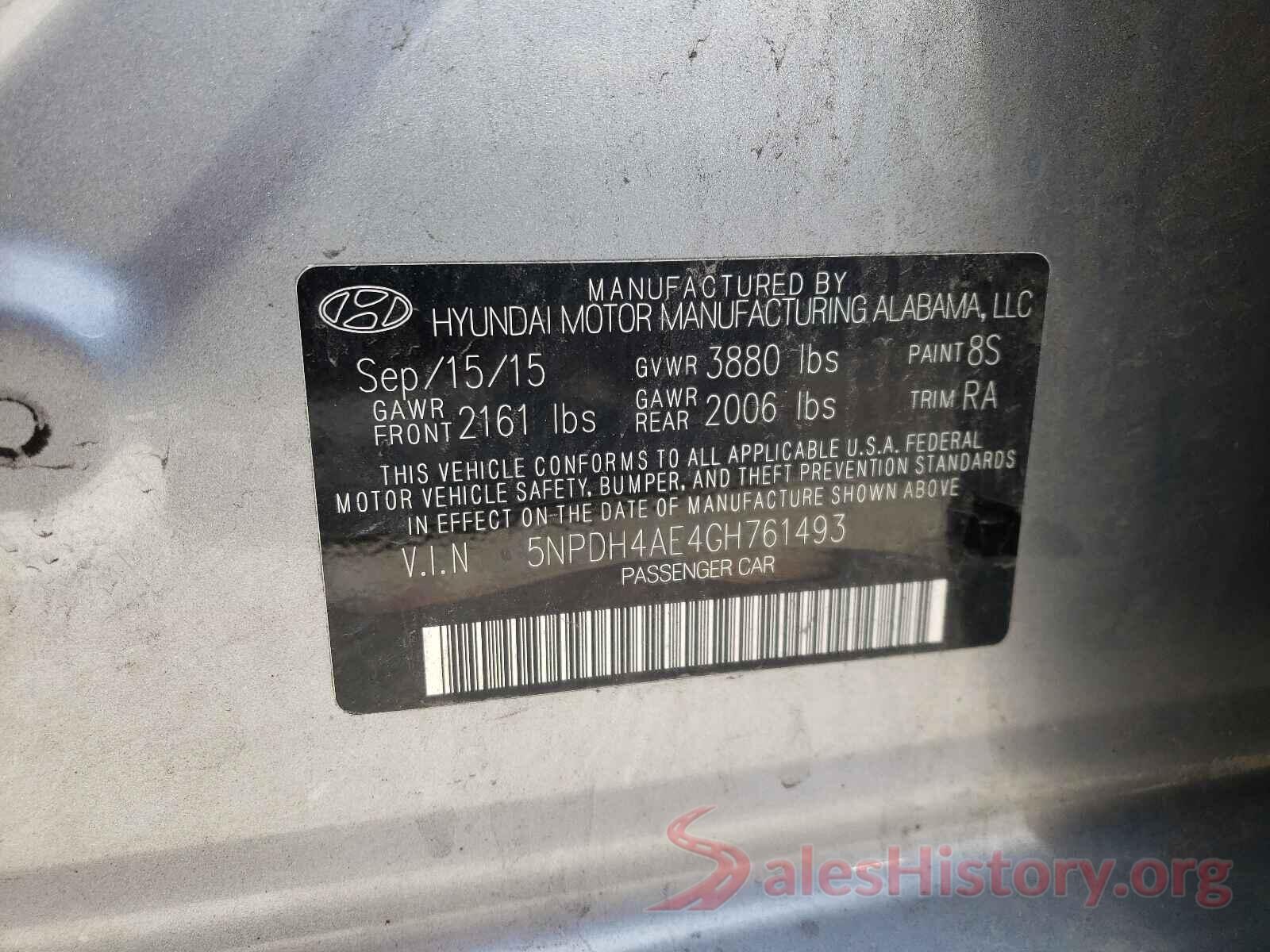 5NPDH4AE4GH761493 2016 HYUNDAI ELANTRA