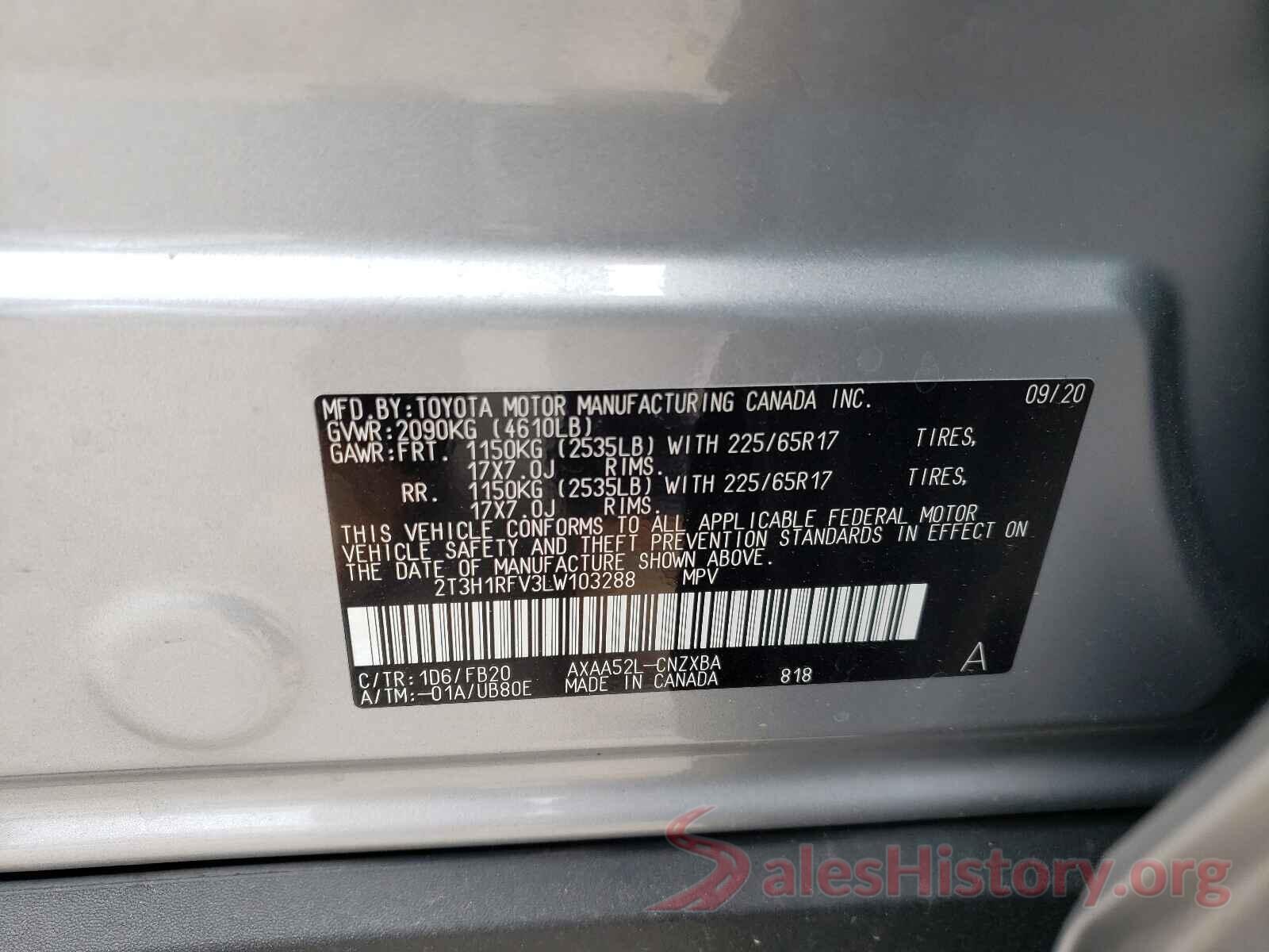 2T3H1RFV3LW103288 2020 TOYOTA RAV4