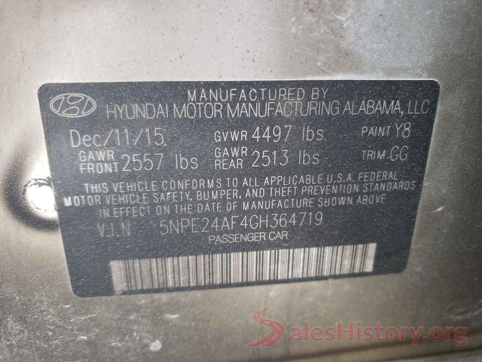 5NPE24AF4GH364719 2016 HYUNDAI SONATA