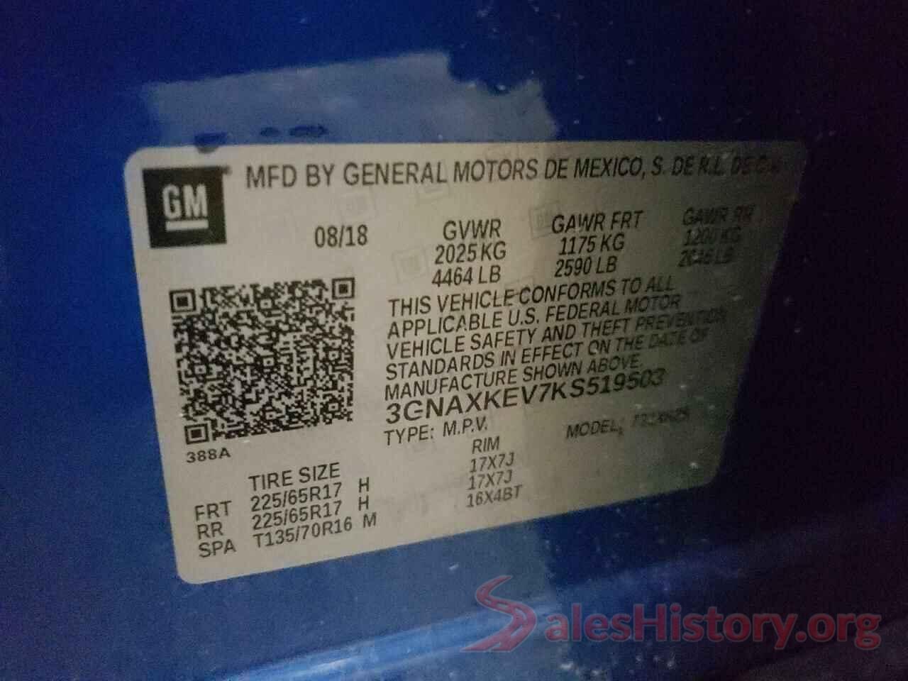 3GNAXKEV7KS519503 2019 CHEVROLET EQUINOX