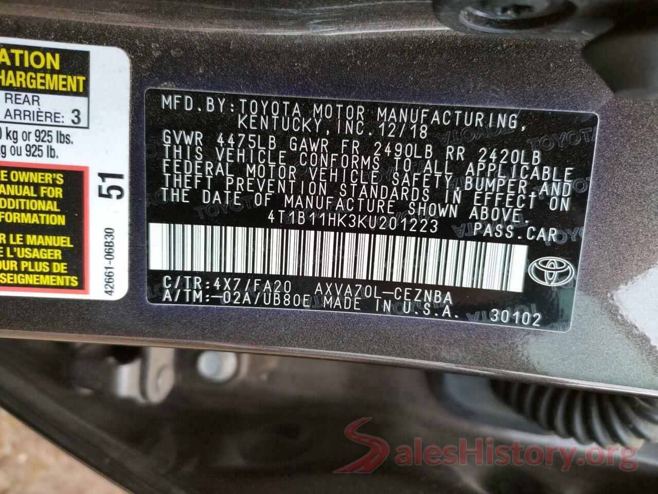 4T1B11HK3KU201223 2019 TOYOTA CAMRY