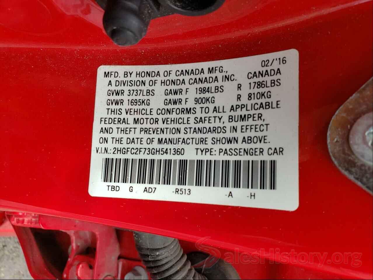 2HGFC2F73GH541360 2016 HONDA CIVIC